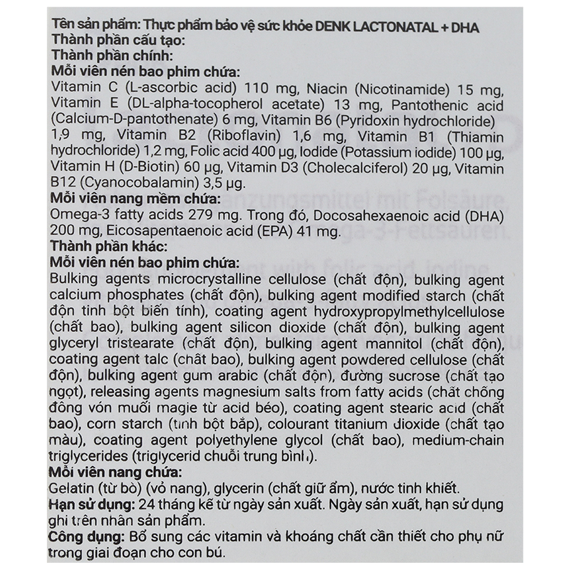 Lactonatal + DHA Denk bổ sung vitamin, khoáng chất cho phụ nữ cho con bú hộp 60 viên - 9